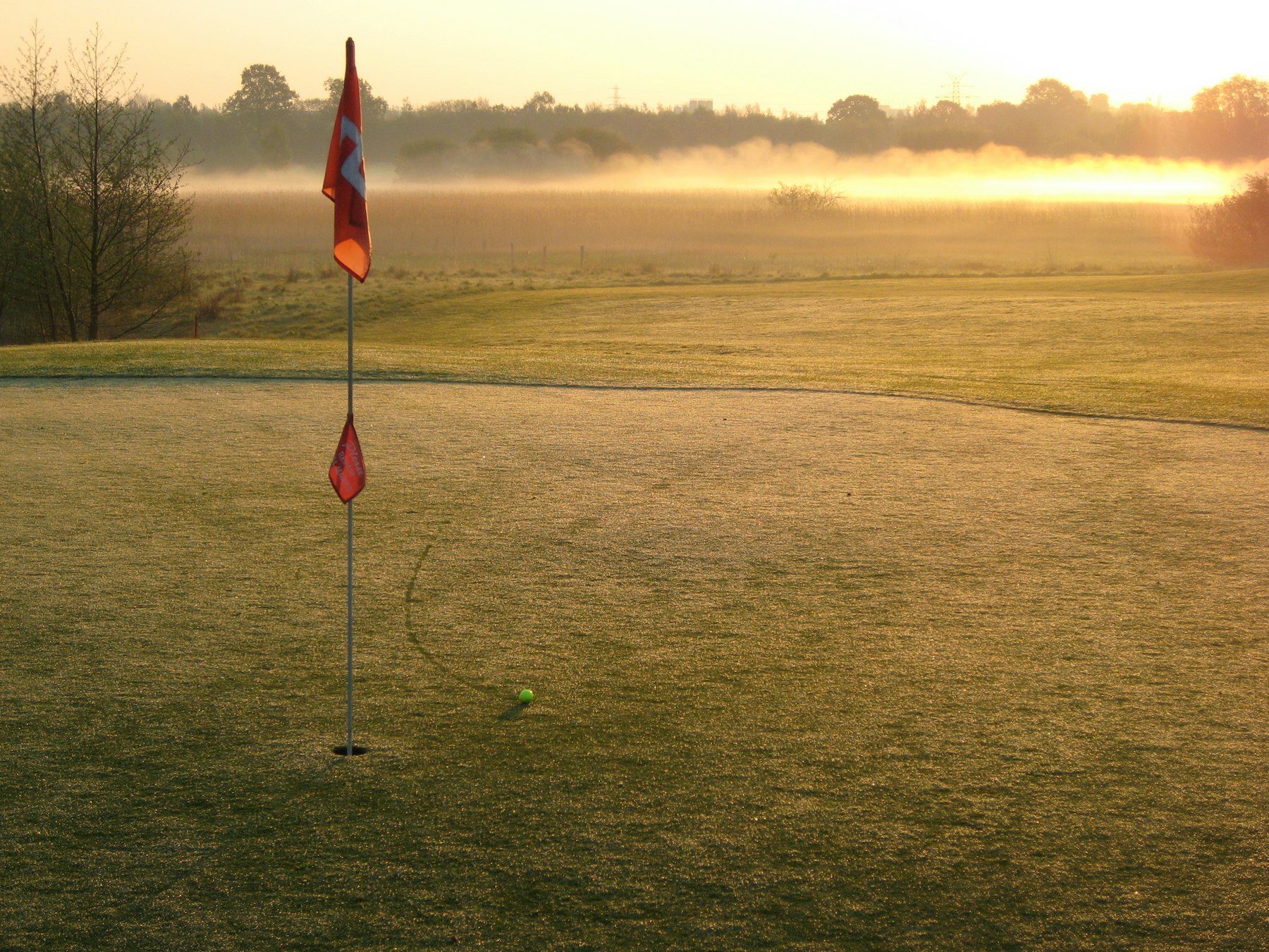 Grün mit roter Fahne im goldenen Morgennebel