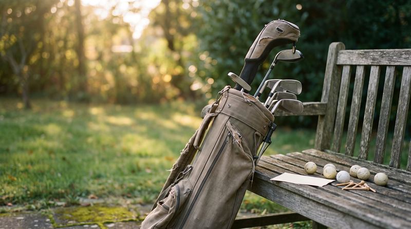 Symbolbild (KI-generiert): gebrauchter Golf-Halbsatz in einem Canvas-Bag an einer Gartenbank
