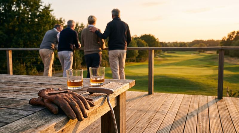 Symbolbild: Golfhandschuhe, Putter und zwei Gläser auf einem Holztisch der Clubterrasse, im Hintergrund eine Gruppe Golfer am Geländer im Abendlicht