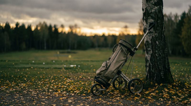 Symbolbild: verlassener Golftrolley mit Bag an einer Birke am Rand einer leeren Driving Range im Herbst
