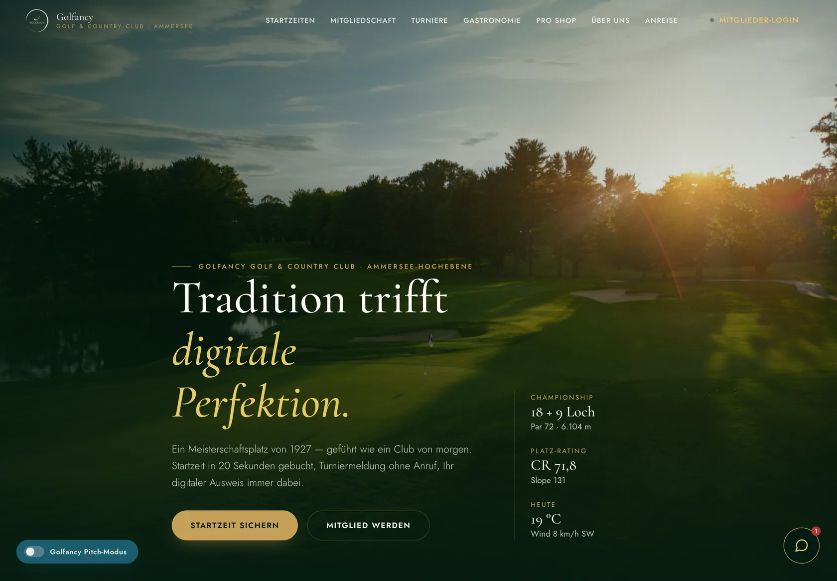 Screenshot: Startseite des fiktiven Golfancy Golf & Country Club — Hero mit Startzeit- und Mitgliedschafts-Buttons