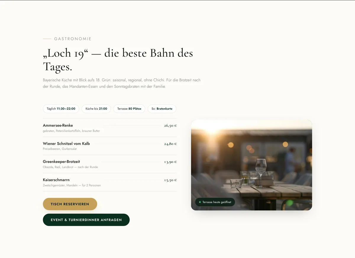 Screenshot: Gastronomie-Sektion Loch 19 mit Online-Tischreservierung