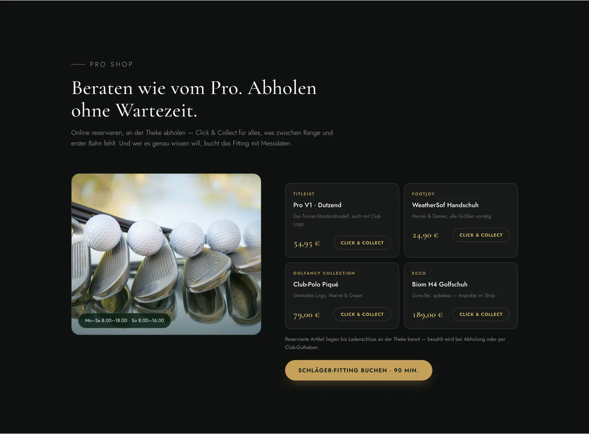 Screenshot: Pro-Shop-Sektion mit Click-and-Collect und Fitting-Terminen