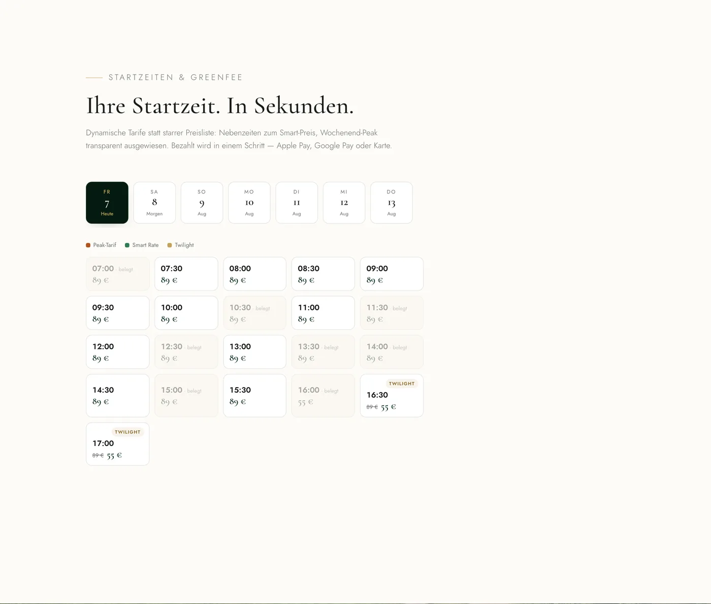 Screenshot: Online-Startzeitenbuchung mit Wochenkalender, dynamischen Tarifen und Add-ons wie E-Cart und Leihschlägern