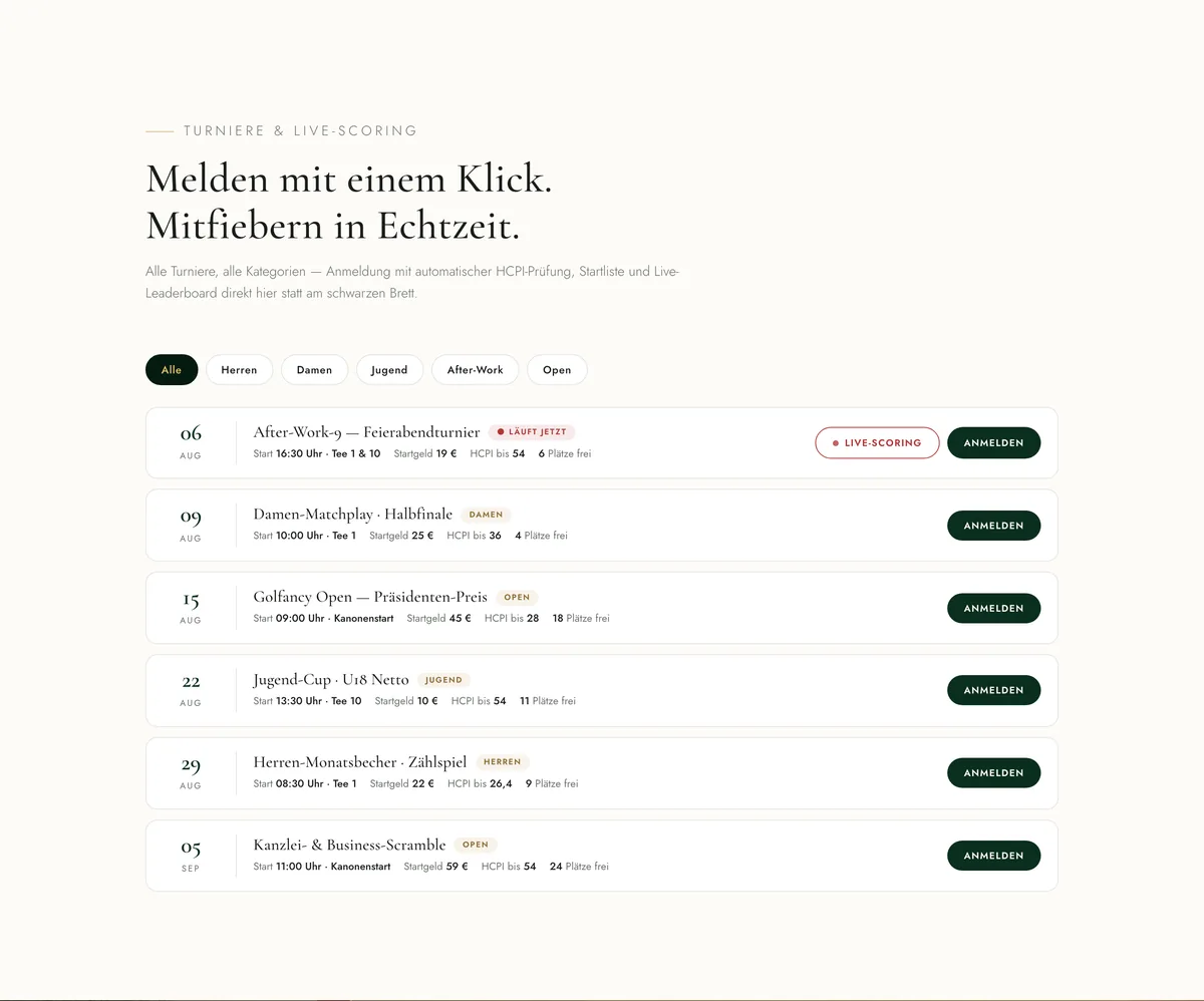 Screenshot: Turnierkalender mit Online-Anmeldung, HCPI-Prüfung und Live-Scoring